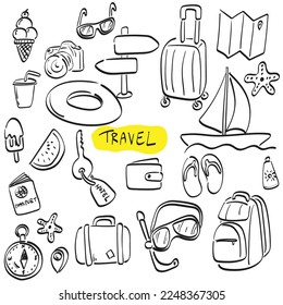 travel set illustration vector hand drawn isolated on white background line art.