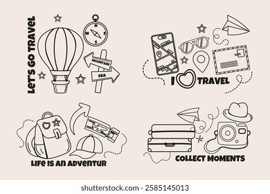 Travel set of label, badge with lettering outline