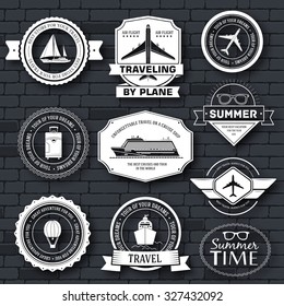 Travel set label template of emblem element for your product or design, web and mobile applications with text. Vector illustration with thin lines isolated icons on stamp symbol