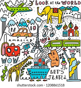 Travel set with lettering. Hand drawn vector illustration. Doodle style. Popular world symbols of tourism and traveling. Transport, luggage, sights, mountains, animals, plants