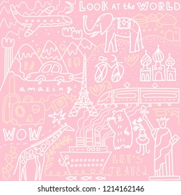 Travel set with lettering. Hand drawn vector illustration. Doodle style. Popular world symbols of tourism and traveling. Transport, luggage, sights, mountains, animals, plants