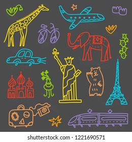 Travel set with lettering. Hand drawn vector illustration. Doodle style. Popular world symbols of tourism and traveling. Transport, luggage, sights, mountains, animals, plants