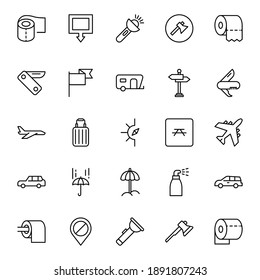 Travel set line icons in flat design with elements for web site design and mobile apps.  Collection modern infographic logo and symbol. Travel vector line pictogram