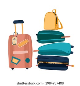 Travel set luggage. Suitcases, backpacks and travel bags in trendy flat style with dry brush texture. Vector colorful illustration for cards, leaflets or banners on white background.