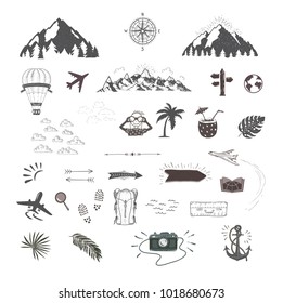 Travel. Set of objects for tourism banner, flyer, magazine. Images for logo, icons, emblems.