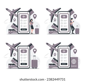 Travel set. Online booking. Colored vector flat illustration.