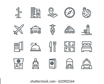 Travel. Set of outline vector icons. Includes such as Hotel, Route, Currency Exchange and other. Editable Stroke. 48x48 Pixel Perfect.