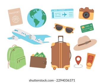 Travel set with passport, globe, air ticket, camera, plane, sunglasses, credit card, backpack, wallet, suitcase, hat, location icon and spf cream. Adventure, tourism, vacation, trip. Vector