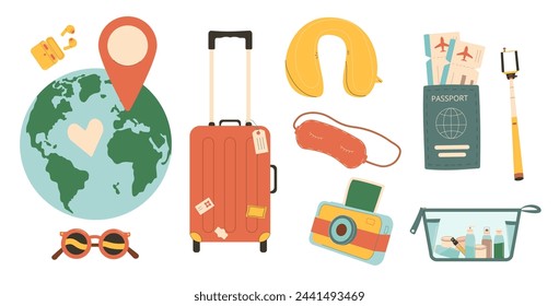 Travel set. Planet Earth with destination sign and passport ticket suitcase. Tourism accessories collection. Trip elements isolated on white background. Vector flat illustration