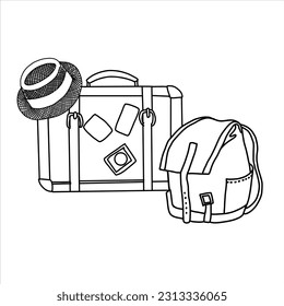 Travel set with straw hat, suitcase, backpack. Stock
 illustration. Isolated element. Hand painted, line art.