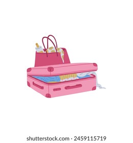 Travel set with stylish suitcases and a tote bag. Essentials for vacation vector illustration.