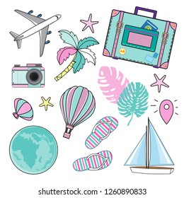 Travel set with a suitcase, plane, ship, palm leaves on a white background