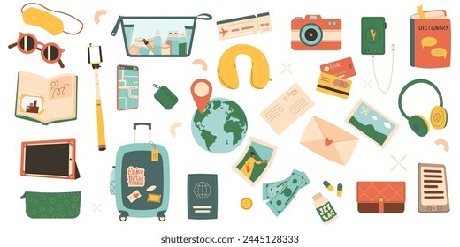 Juego de viaje. Colección de accesorios turísticos. Elementos de viaje aislados sobre fondo blanco. Tour al país de los Estados Unidos para la aventura y el descanso. Festiva vacaciones de fin de semana. Ilustración plana de Vector.