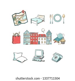 Travel set of tourism icons. hand drawn vector illustration. Clip art for hostel, website, blogger, grunge style. Cartoon illustration