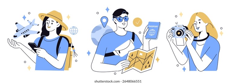 Travel set. Tourists characters planning vacation, journey, trip or adventure destination, buying airplane tickets, making photo. Tourism concept. Vector illustration.