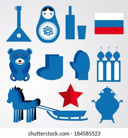 Travel set of various stylized russian icons black, blue, red illustration for you design. logo. Vector 