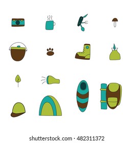 Travel set  in vector. Backpack, boot, sleeping bag, tent. 