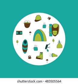 Travel set in vector. Backpack, boot, sleeping bag, tent. 