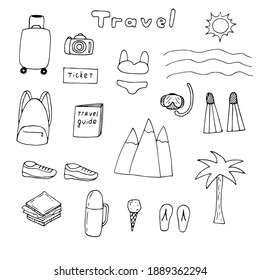 Travel set, vector doodle illustration, suitcase, backpack, beachwear and accessories, sneakers, thermos, sandwich, sun, waves, mountains and palm tree