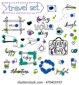 Travel set. Vector hand drawn set of objects:banner, word, figure, frame, heart, quote. Doodle sketch style. Hand drawn. Isolated. Outline. Painted with highlighter