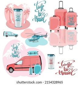 Travel set vector illustration with a car, luggage, travel mug, helicopter, and lettering: Time to travel 