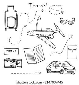 Ilustración vectorial de conjunto de viajes, garabatos de dibujo manual