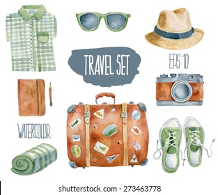 Travel Set. Vector Watercolor Illustration.