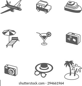 Travel set volume design icons, monochrome,contrast.Here you can find plane, car, ship, coctail,suitcase, camera,hat,palm and sunbed.Perfect choise for infographic, web and at your will