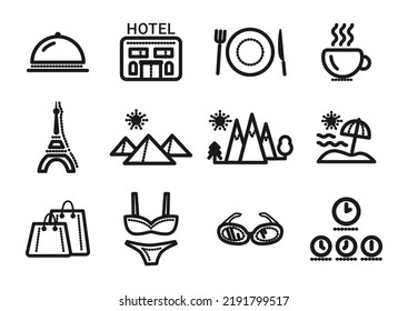 Travel set for web development apps, websites, infographics, design elements. Contains such icons as restaurant, cafe, hotel, attractions, mountains, beach holidays, shopping, swimsuit, glasses, time