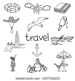 Travel set,summer symbols-sun,seagull,sea,luggage,hat,cafe,cocktail,boat,anchor,guitar,isolated on a white background.Vector illustration in doodle style.For summer designs.