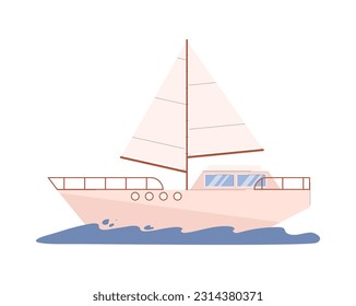 Travel ship with sail in water flat style, vector illustration isolated on white background. Water transport, decorative design element, waves, deck and portholes