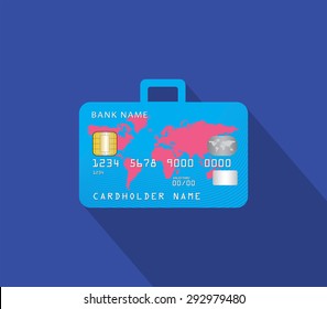 Travel And Shop With Credit Card And Luggage Concept In Flat Design Style And Long Shadow