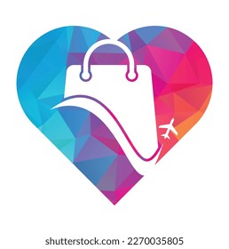Plantilla vectorial del logotipo de la tienda de viajes. El avión de compras y el logotipo del corazón. Símbolo o icono de venta y viaje.