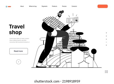 Travel shop -Online shopping and electronic commerce web template -modern flat vector concept illustration of a travelling man with case and ticket Promotion, discounts, sale and online orders concept