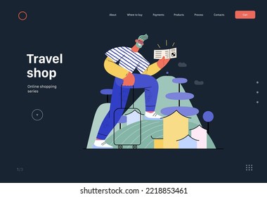 Travel shop -Online shopping and electronic commerce web template -modern flat vector concept illustration of a travelling man with case and ticket Promotion, discounts, sale and online orders concept