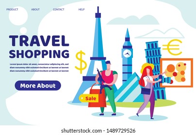 Travel Shopping Banner. Man and Woman Tourists Traveling in Foreign Countries, Visiting Sightseeing, Make Photo Buying Souvenir on Sale Market. Couple in Trip, Cartoon Flat Vector Illustration, Banner