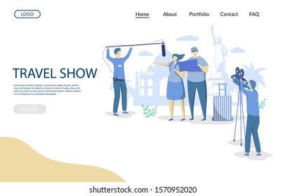 Travel show vector website template, web page and landing page design for website and mobile site development. Travel tv show production concept with characters travelers couple and cameramen.