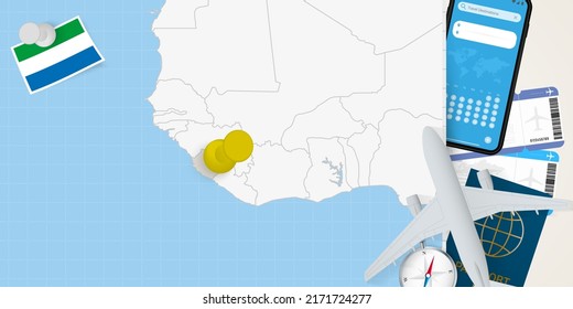 Travel to Sierra Leone concept, map with pin on map of Sierra Leone. Vacation preparation map, flag, passport and tickets. Vector illustration in flat design.