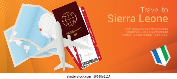 Travel to Sierra Leone pop-under banner. Trip banner with passport, tickets, airplane, boarding pass, map and flag of Sierra Leone. Vector template.