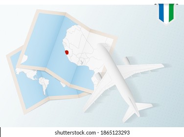 Travel to Sierra Leone, top view airplane with map and flag of Sierra Leone. Travel and tourism banner design.