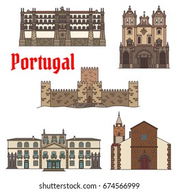 Travel sight of portuguese architecture icon set with linear Santa Clara Convent, Roman Catholic Funchal Cathedral, ancient castle with tower , Cathedral of Braga, Residence of Biscainhos symbols