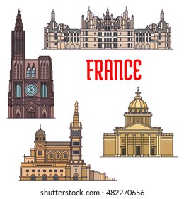 Travel sights of France thin line icon with catholic basilica Notre-Dame de la Garde, gothic Rouen Cathedral, St. Peters Basilica and royal residence Chateau de Chambord