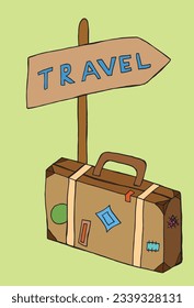 Travel sign illustration image. 
Hand drawn image artwork of a travel sign. 
Simple cute original logo.
Hand drawn vector illustration for posters, cards, t-shirts.