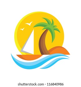 Travel sign - vector logo template. Summer vacation illustration. Sail boat, island, palms, sea waves, sun and birds.