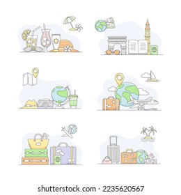 Travel signs set. Tourism objects. Vacation and holiday concept vector illustration