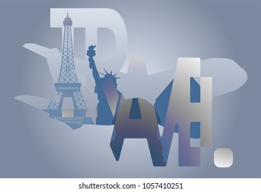 travel, silhouette, double exposure, airplane, statue, pyramid, tower.