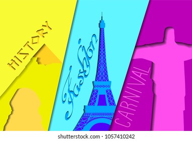travel, silhouette, paper effect, statue, pyramid, tower, country.