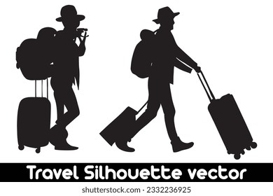 Travel silhouette vector with suitcases on white background, Vacation silhouette, Travel concept silhouette.