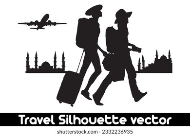 Travel silhouette vector with suitcases on white background, Vacation silhouette, Travel concept silhouette.