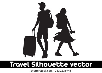 Travel silhouette vector with suitcases on white background, Vacation silhouette, Travel concept silhouette.